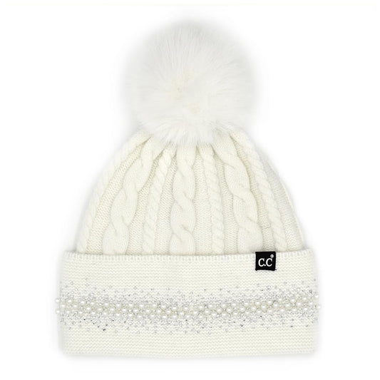 C.C Pearl Rhinestone Embellishment Beanie with Fur Pom for Women - Wool Stretchable Soft Warm with Faux Fur Pom Knit Winter Skully Hat