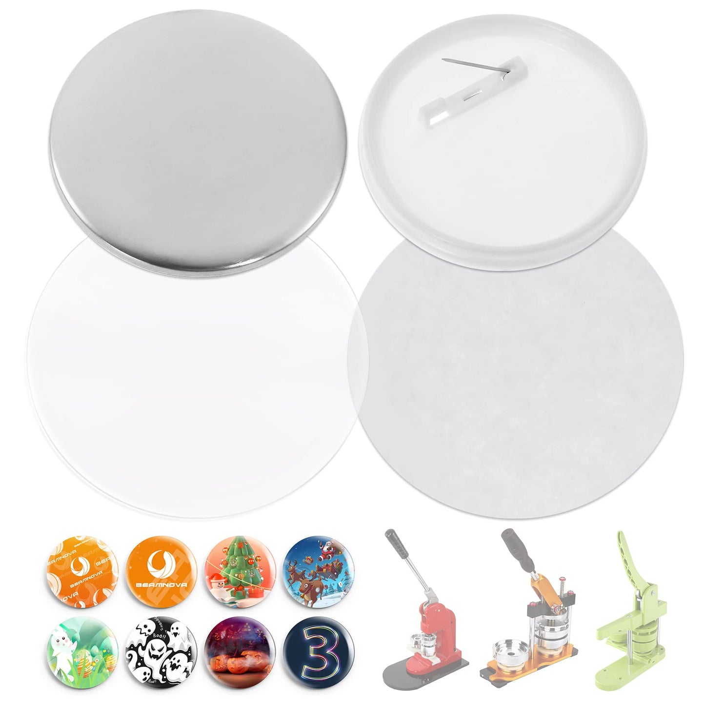 BEAMNOVA 200 Sets of Button Parts Supplies 58mm / 2.28 in (Approx. 2-1/4 inch) for Round Button Maker Machine Pin Maker, Every Set Includes Tinplate Top, Plastic Clip Bottom & Plastic Film