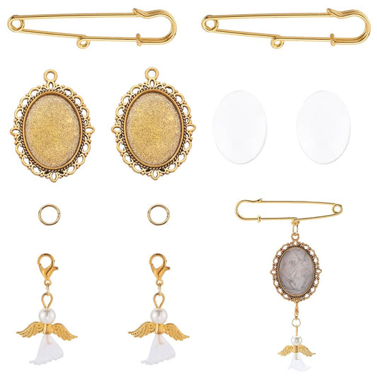 SUNNYCLUE 1 Box 10 Sets Gold Wedding Bouquet Photo Charms Memorial Picture Charm Personalized Glass Oval Picture Cabochons Brooch Pin Angel Wing Charms Kits for Wedding Bride Groom Party Gifts Flowers