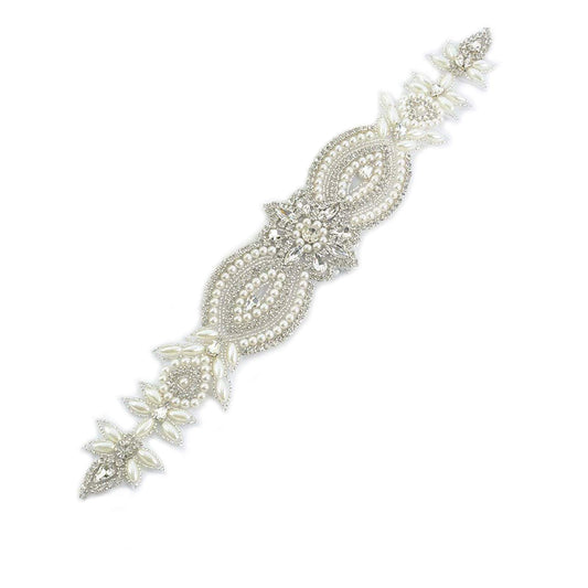 ShiDianYi Wedding Belt Applique Bridal Belt Rhinestone Applique Silver Wedding Dress Sash Belt Applique Crystal Rhinestone Off White Pearls…