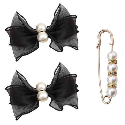 Tulle Bow Shoe Clips Elegant Pearl Shoe Embellishment Detachable Women Shoe Decoration Charms for Pumps Accessories 2 Pcs Black