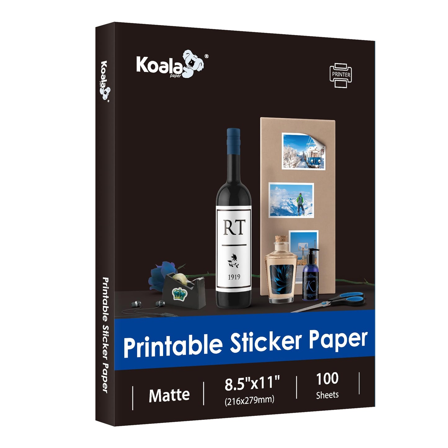 Koala 100 Sheets Sticker Paper for Regular Labels, Matte White, 8.5x11 Inch Printable Full Sheet Label Paper for Inkjet & Laser Printers