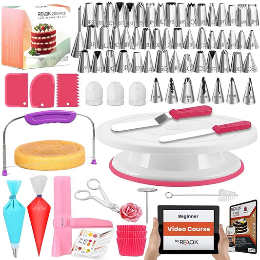 RFAQK 200PCs Cake Decorating Kit with Cake Turntable & Leveler, Baking Supplies Gift Includes 110+1 Piping Bags,55 Icing Tips,2 Frosting Spatulas, Adjustable Scraper, Complete Video Course & much more