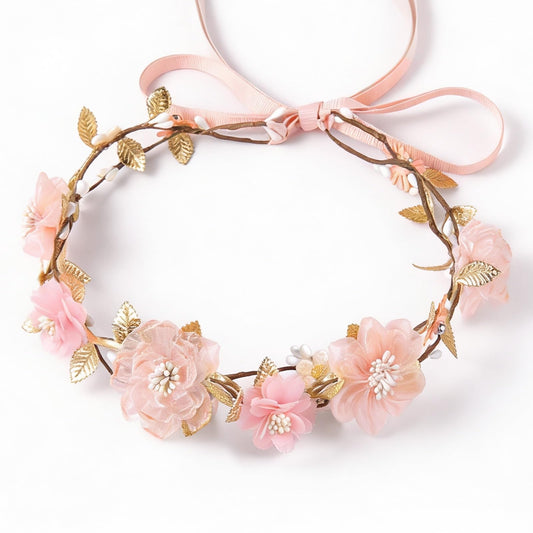 ZWLIYCHN Hot Pink Flower Crown Headband Adjustable Fairy Flower Crown with Golden Leaf Bohemia Floral Halo Headpiece Flower Garland Headband for Boho Wedding Flower Girl Maternity Photo Props