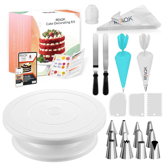 RFAQK 72PCs Cake Decorating Supplies Kit for Beginners - Cake Turntable with 50 Piping Bags, Bags Coupler, 12 Numbered Piping Tips, Offset & Straight Spatula, Icing Scrapper Set for Cake Decoration