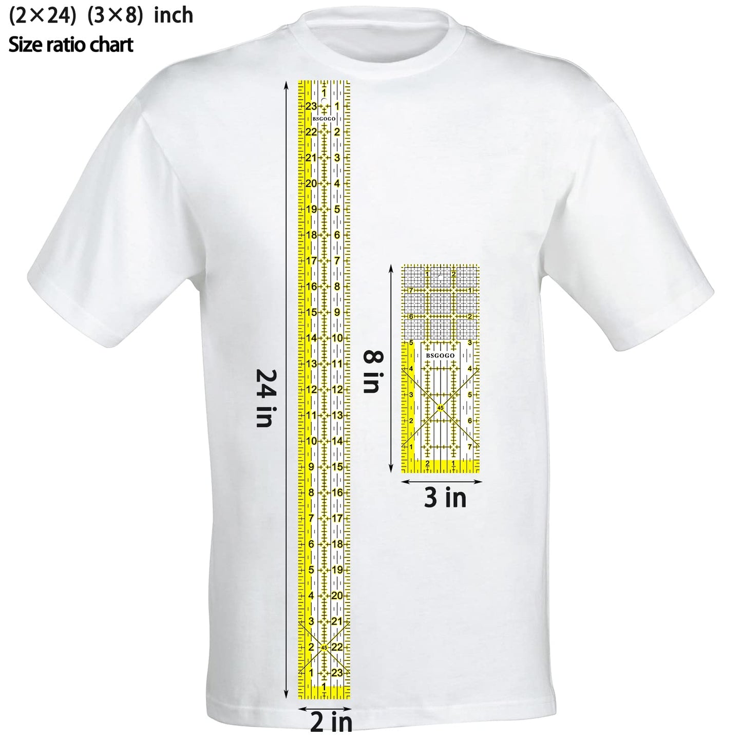 Acrylic Ruler 7 Piece Set, Non Slip Rings 50 Pieces, Quilting Rulers, Size (6"x24"), (2"x24"), (3"x18"), (3"x8"), (1.5"x12"), (1"x12"), (1"x6") (Yellow-7 Piece Set)