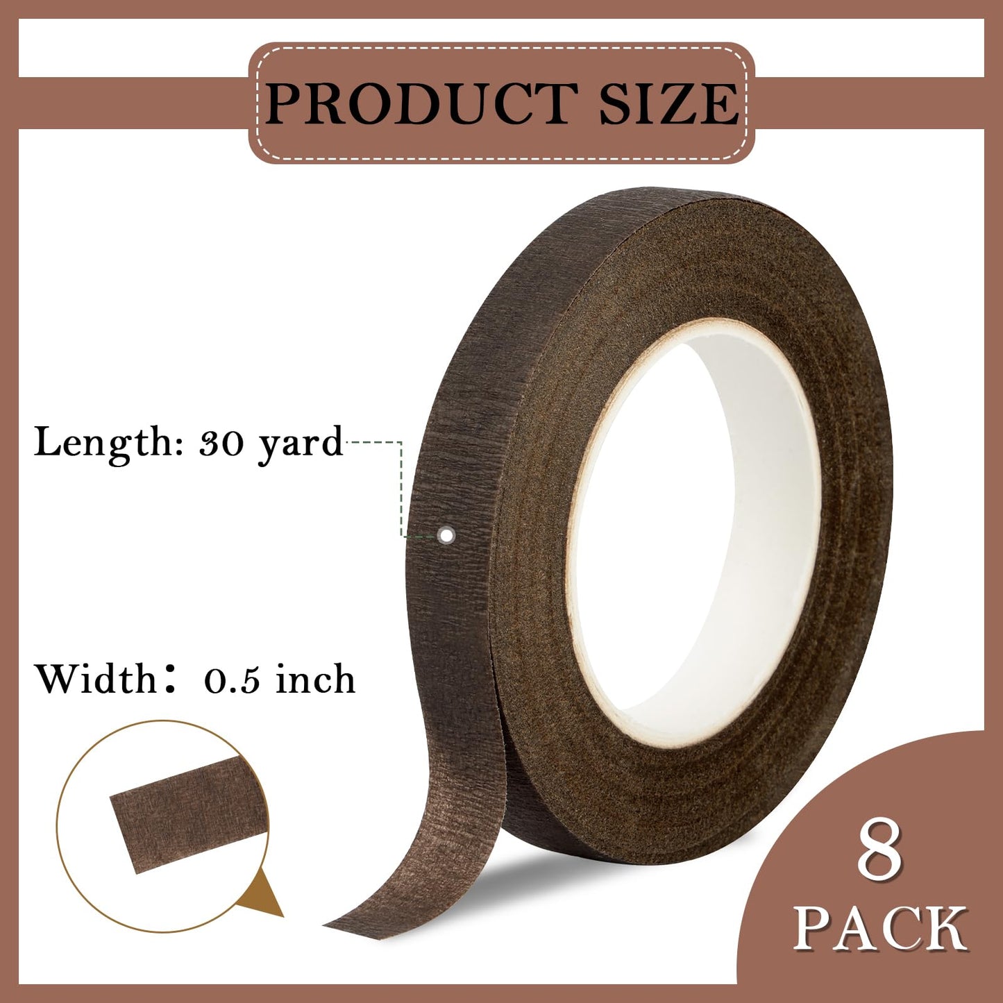 COIDEA 8 Packs Floral Tape, 1/2" Wide Flower Tape, Brown Floral Tape for Fresh Flowers, Adhesive Florist Tape for Floral Crafts, Bouquet Floral Arranging Stem Wrapping, Wedding Bouquet, 30Yard