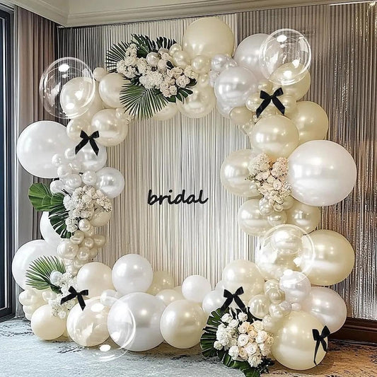 White Balloon Garland Arch Kit, Double Stuffed Cream Ivory Sand White Pearl Balloons with Bow Clear Balloon for Bridal Wedding Baby Shower Birthday Valentine‘s Day Party Decorations