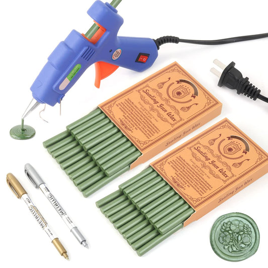 Wax Seal Kits, Wasole 40Pcs Pine Green Sealing Wax Sticks with Glue Gun + 2Pcs Wax Seal Pens for Wax Seal Stamp, Great for Wedding Invitations, Birthday Cards, Envelopes, Gift Wrapping