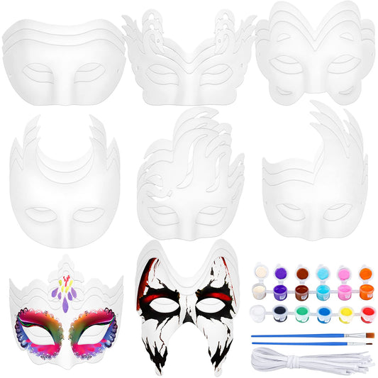 Elcoho 24 Pieces White Paper Masks Half Face Masquerade Masks DIY Hand Painted Mask with Tether Paints Brushes Mardi Gras Mask for Halloween, Cosplay Party
