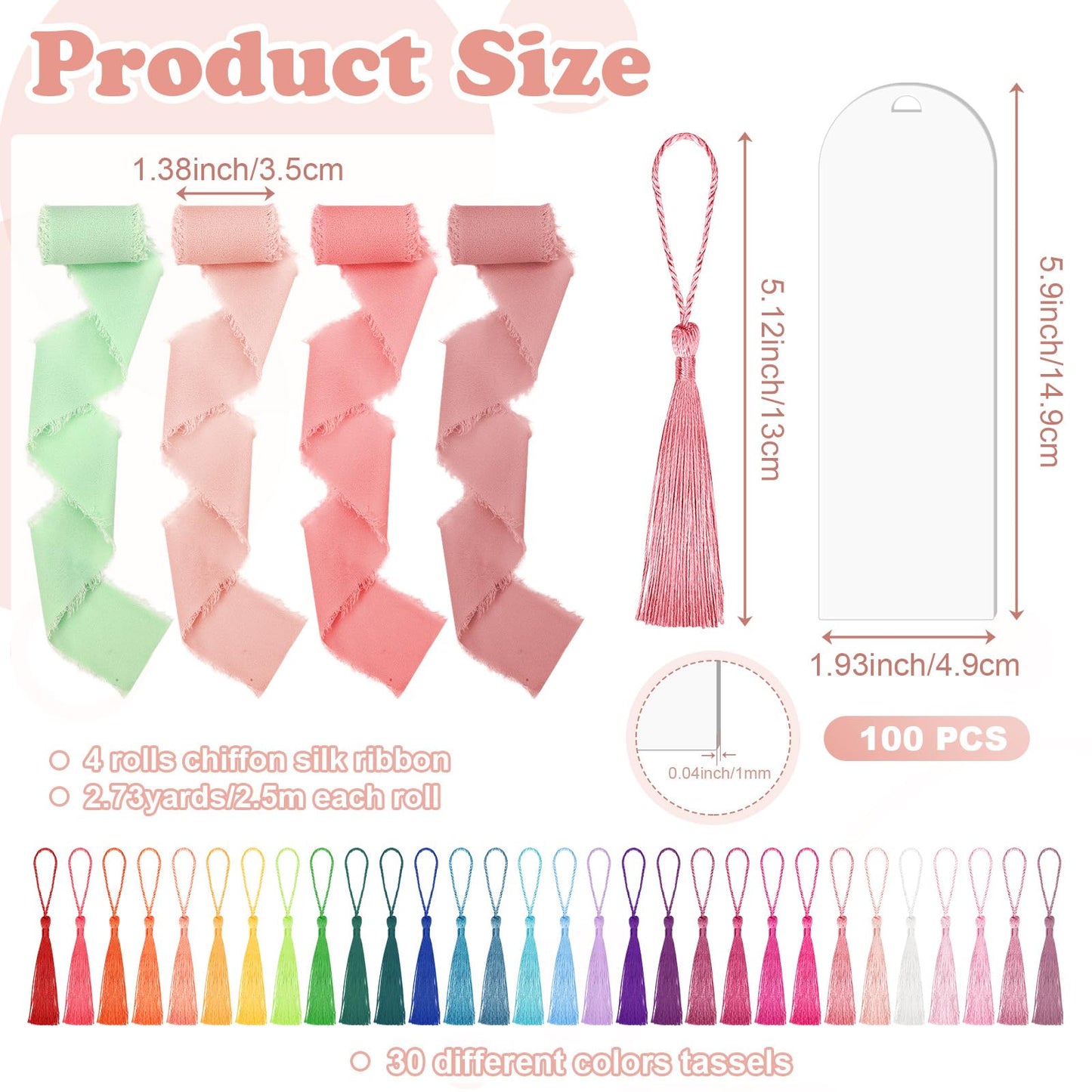 100 Pieces Acrylic Bookmark Blanks, Clear Acrylic Bookmarks with 30 Pieces Tassels and 4 Rolls Chiffon Silk Ribbon, Transparent DIY Bookmarks for Book Lover Crafts Present Tag Reading Accessories