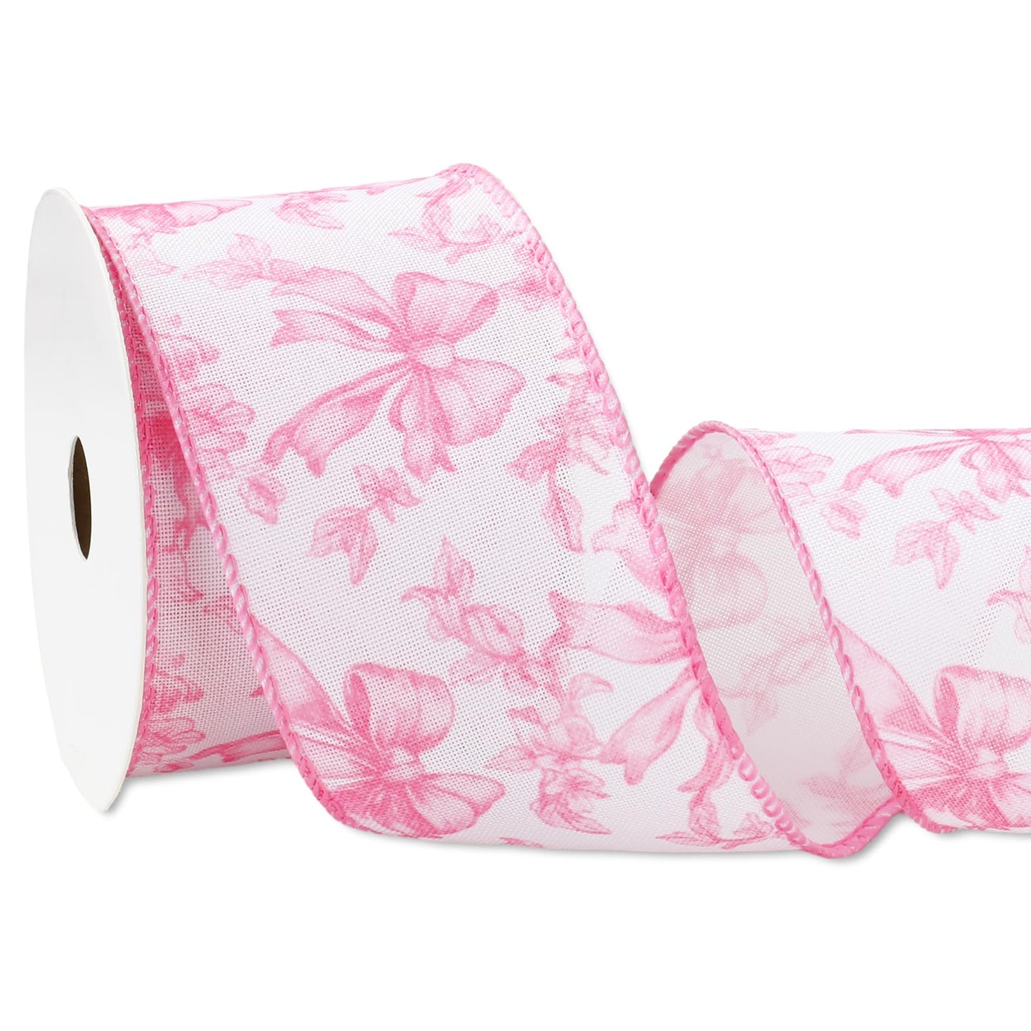 JarThenaAMCS Pink Floral Bow Wired Edge Ribbon Chinoiserie Flower Bowknot Fabric Ribbon for DIY Crafts Wreath Bow Making Supplies, 12 Yard