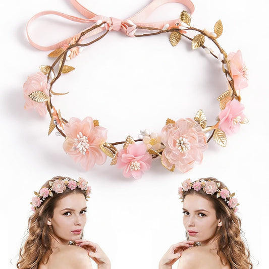 MEMOVAN Pink Flower Crown Headband Rose Floral Headpiece Adjustable with Gold Leaf Bohemian Fairy Flower Renaissance Hair Wreath Accessory for Girls Women Birthday Wedding Party Photo Props
