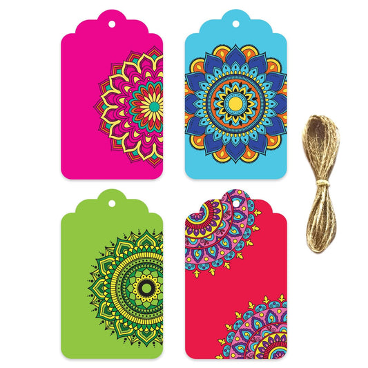weRevel Mandala Gift Tags – 4 Unique Colorful Designs - 20 Tags, 350 GSM, Gloss Finish, 10 cm x 6 cm, with String