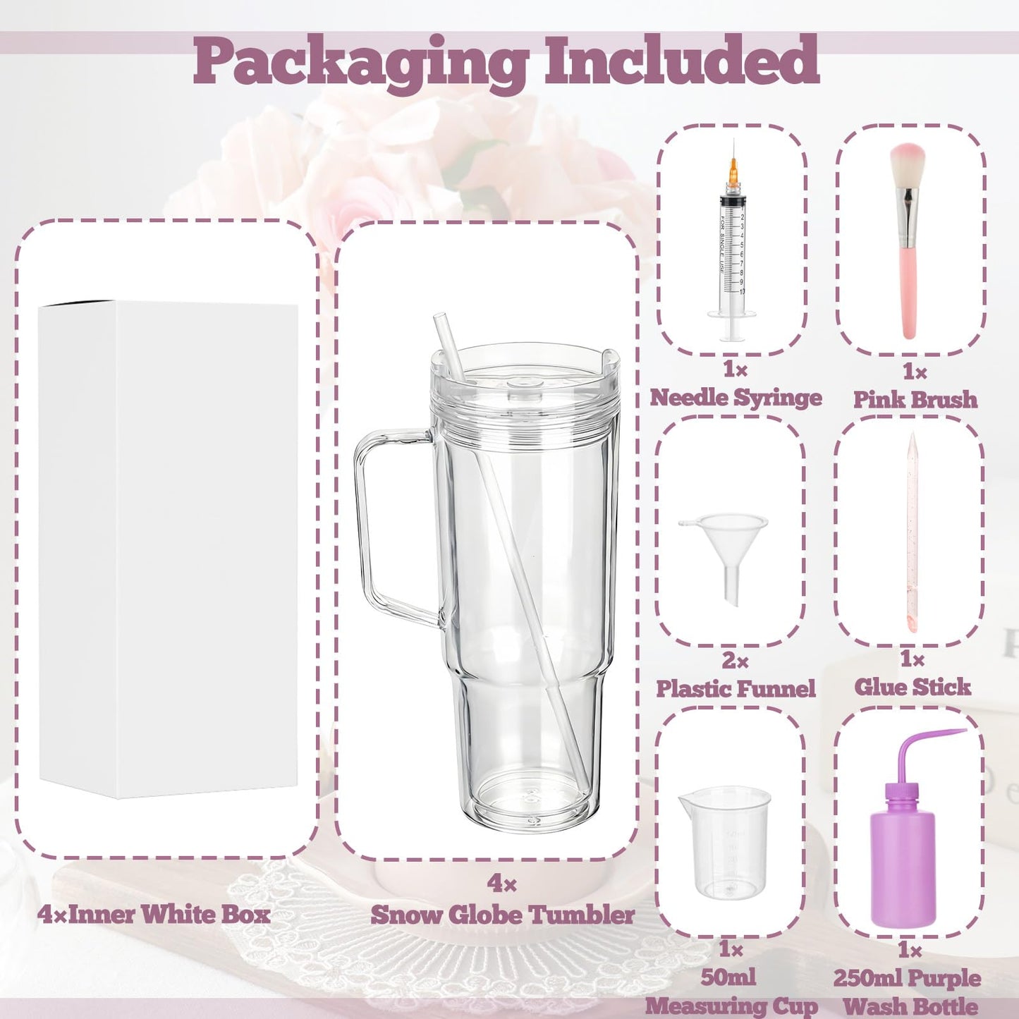 40 Oz Snow Globe Tumbler Supplies 4 Pack Acrylic Snowglobe Tumblers Cups with Handle Clear Pre-Drilled Double Wall Snow Globe Tumbler Starter Kit for DIY Glitter Tumblers