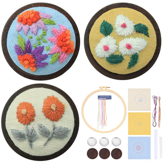 WEBEEDY 3 Sets Flower Brooches Embroidery Kit DIY Hand Sewing Kit for Beginners,Embroidery Stitch Kit for Adults Women Ladies with Embroideries Pattern and Instruction Wedding Party Brooch Pin Gift