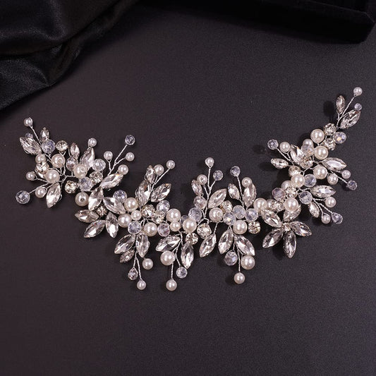 Teyglen Dainty Rhinestones Pearls Crystal Large Headband Vine Handmade Bridal Flower Headband Wedding Hair Accessories for Brides Hair Pieces Gold Silver Headpieces for Women Girl (Silver)