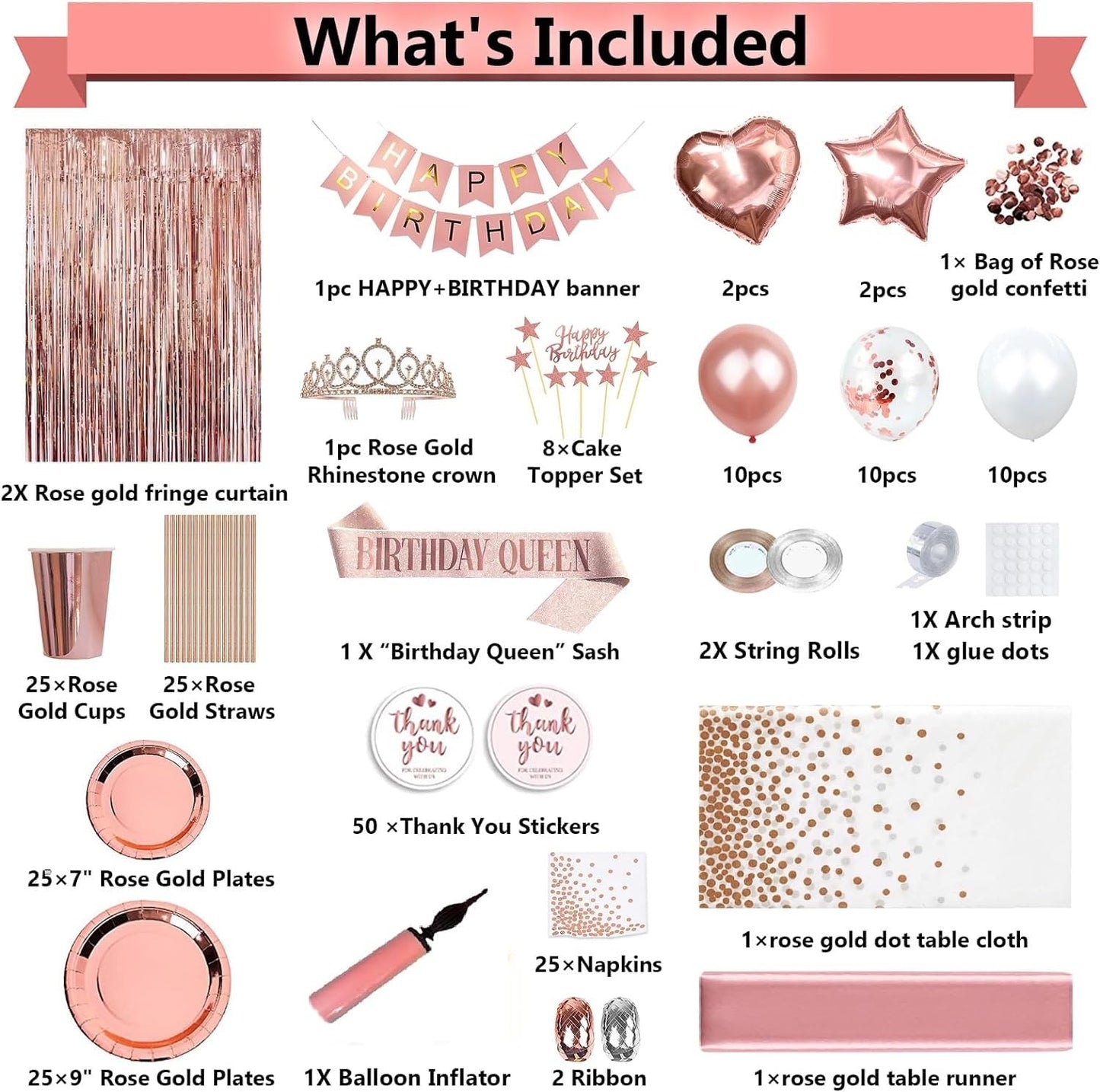 Party spot! 253 Pcs Birthday Decorations For Women, Rose Gold Party Decorations, Happy Birthday Decorations - Balloon Stand Kit, Tableware Kit,Pump, Banner, Tassel Curtain,Balloon, For 25 Guests