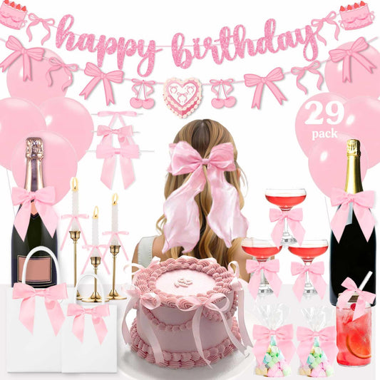 Pink Bow Decor Coquette Party Decorations, Pink Bow Cake Topper, Champagne Glasses, Candles, Balloons, Bow Birthday Party Decorations, Decoracion Moños Cumpleaños Happy Birthday Bow Themed Banner