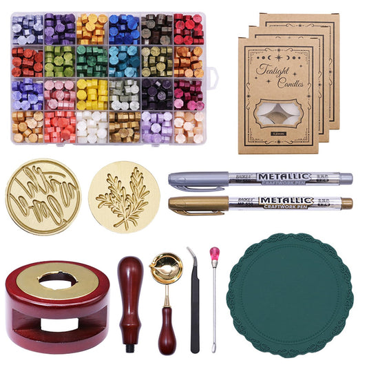 Wax Seal Stamp Kit 24 Colors and 600 Pcs Beads with Sealing Warmer, Stamp, Spoon, Metallic Pen and Envelope, Wax Seal Kit for Christmas and Decoration (24Grid-14IN1)