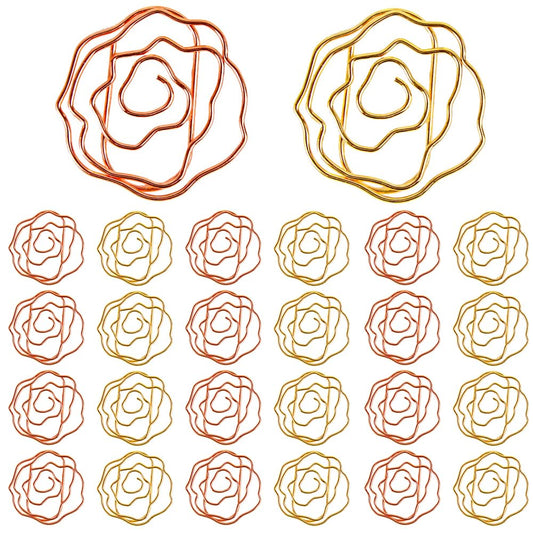 tiecawk 50PCS Rose Shape Paper Clips Office Metal Accessories Rose Gold Flower Paper Clips in Clear Box for Office Home School Supplies
