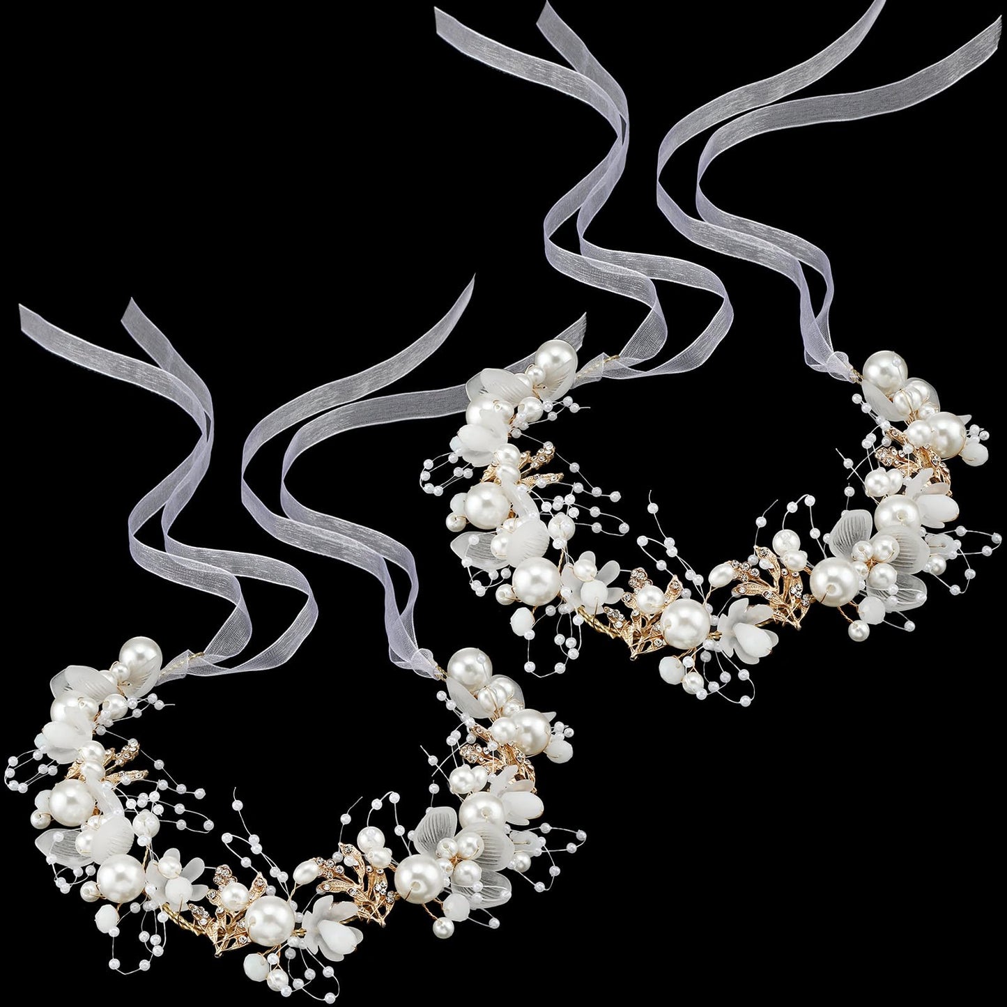 Retrowavy 2 Pcs Flower Girl Headpiece, Flower Girl Hair Accessories Rhinestone Crystal Princess Pearl Headband Bridal Hair Headband for Wedding First Communion(Gold)