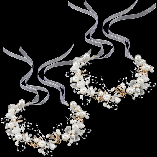 Retrowavy 2 Pcs Flower Girl Headpiece, Flower Girl Hair Accessories Rhinestone Crystal Princess Pearl Headband Bridal Hair Headband for Wedding First Communion(Gold)