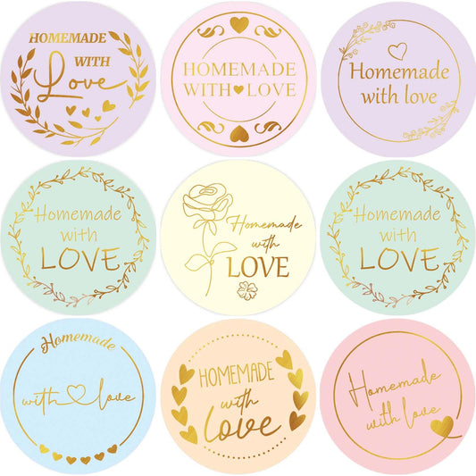 WorldBazaar Homemade with Love Stickers 500pcs Gold Foil Homemade Baked with Love Sticker for Baking Store Small Business Present Labels Wedding Birthday Christmas Party Supplies