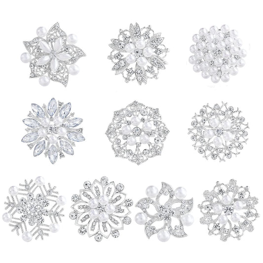 WeimanJewelry Silver/Gold/Rose Gold Plated Assorted Crystal Rhinestones Brooch Pins Set for DIY Wedding Bouquets Kit (Silver with pearls 10pcs)