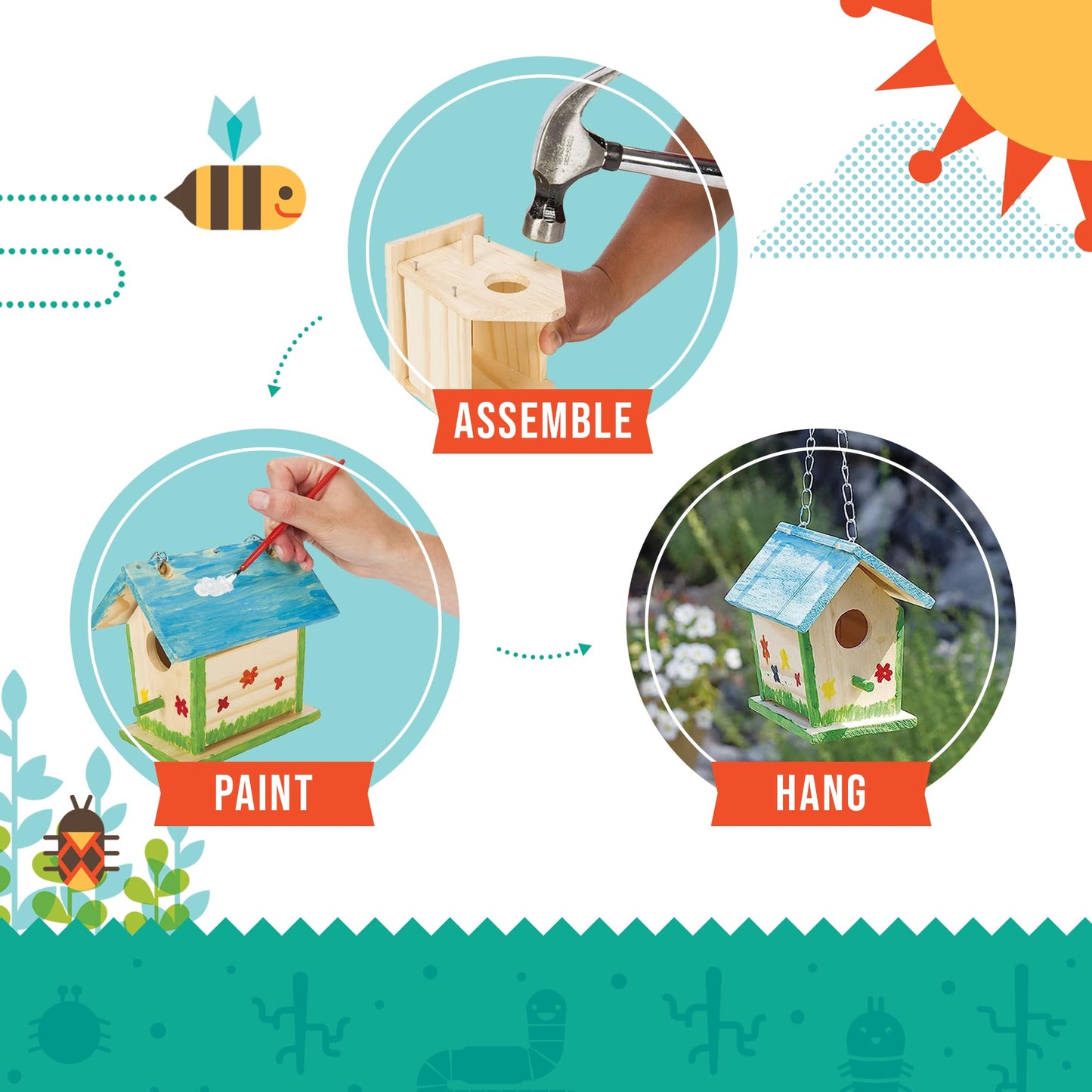 Beetle & Bee Build A Bird Bungalow - DIY Kid Art Craft Outdoor Birdhouse Kit, House Painting Kit for Kids, Hardware Glue Included- 4 Paints, 1 Brush, 7 Wooden Pcs, Chain For Tree Hanging Age 5+