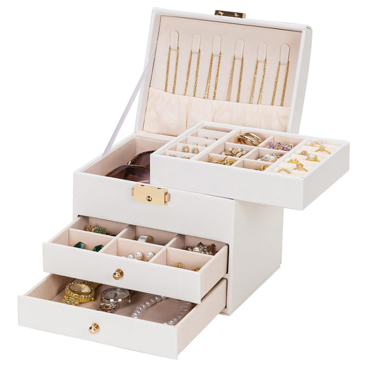 Homde Mothers Day Gifts Small Girls Jewelry Box with Lock: 3 Layer Organizer with Removable Tray - Storage for Ring Necklace Earring - Birthday & Return Gifts for Young Women (Cloud White)
