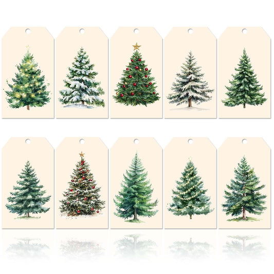 Sanixin 120 Pcs Christmas Tree Gift Tags with Hemp Rope Vintage Watercolor Christmas Tree Tag Forest Beige Paper Hanging Labels for Christmas Wedding Gift Wrapping, 10 Designs