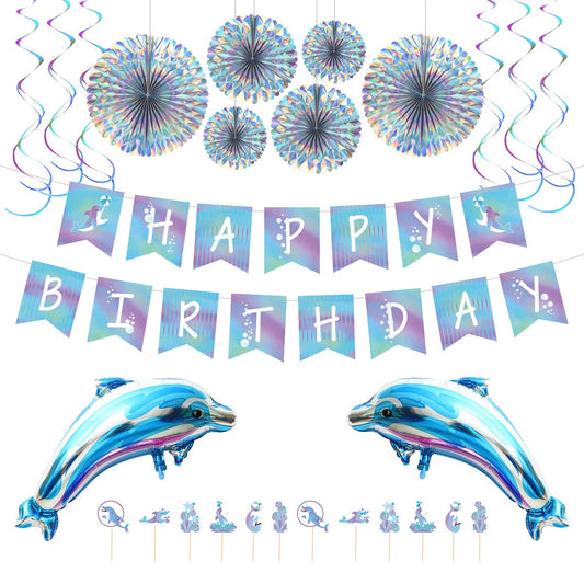 Dolphin Party Decorations Kit - Blue Ocean Theme Birthday Supplies with Balloons, Banner, Cupcake Toppers & Paper Fans for Kids and Adults