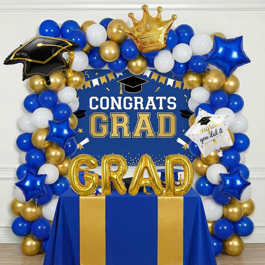 Royal blue White Gold Balloon Garland Arch Kit with backdrop Stars Graduation Cap crown GRAD Letters Mylar Balloons for 2026 graduate Prom Decorations