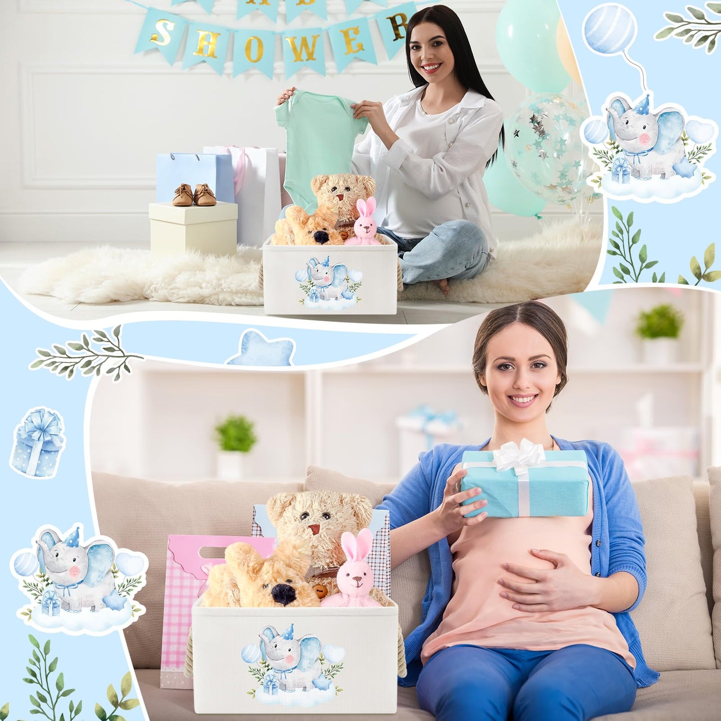 Pickmesh Baby Shower Storage Basket with Gift Bags Rectangular Ribbons Collapsible Canvas Storage Bin with Handles for Diaper Organizing Toy Home DIY Gift Basket, 13 x 9. 1 x 7. 1 Inch(Blue Elephant)