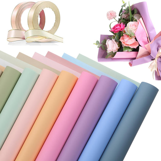 Thenshop 36 Sheets Waterproof Double Color Flower Wrapping Paper Floral Bouquet Supplies Florist Packaging Paper and Gold Border Satin Ribbon for Class of 2026 Graduation Wedding(Light Color)