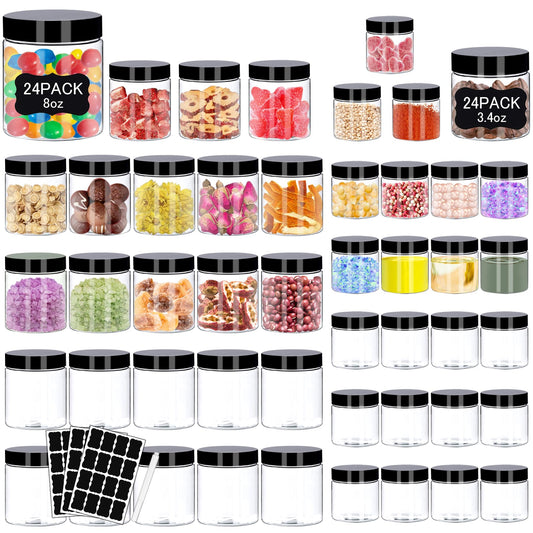Hajoyful Plastic Jars with Lids 48 Pcs 8 oz & 3.4 oz Clear Plastic Slime Storage Jars Containers with Airtight Black Screw On Lids Cylinder Clear Round Jar Easy Clean Food Grade Durable Jar