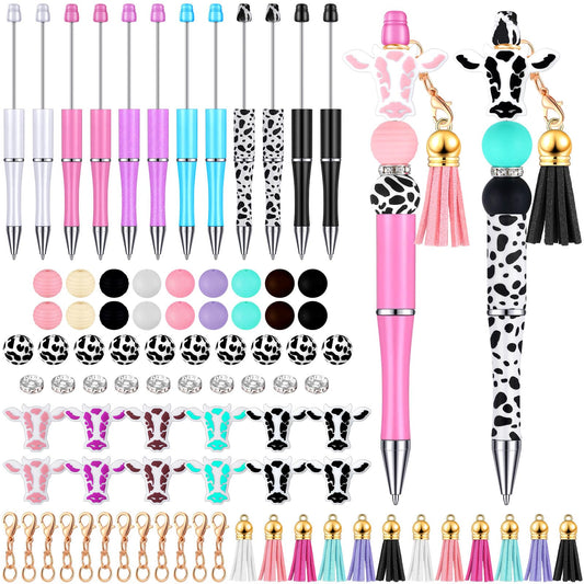 Tinlade 12 Pieces Beadable Pens Bulk with 50 Pcs Assorted Colors Beads Pens DIY Making Kit Multicolor Ballpoint Black Ink for Women Office(Cow Style)