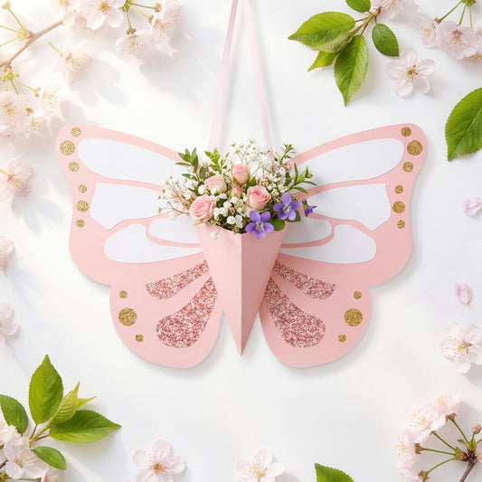 Tenceur 6 Pcs Flower Gift Bags DIY Butterfly Flower Bouquet Bags with Ribbon Pink Butterfly Shape Floral Wrapping Paper for Summer Birthday Wedding DIY Gift Bouquet Wrapping Party Supplies
