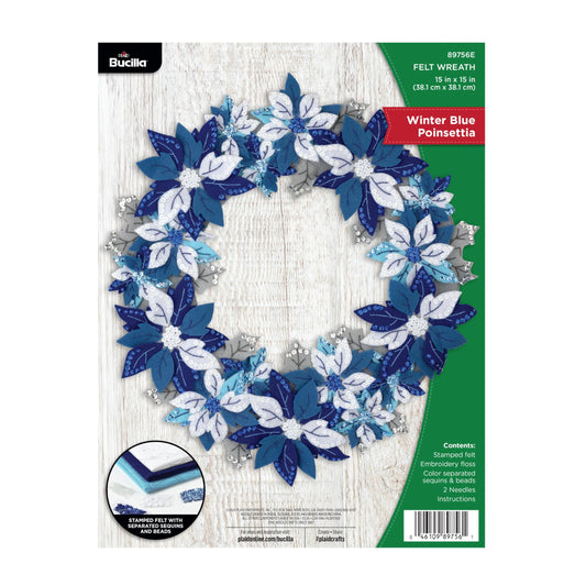Bucilla Felt Applique Wreath Making Kit, Winter Blue Poinsettia, Perfect for DIY Arts and Crafts