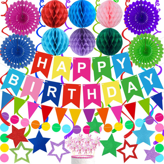 Birthday Decorations Colorful Happy Birthday Banner Paper Fans Honeycomb Balls Hanging Swirl Stars Triangles Dots Garland Cupcake Toppers Party Decorations for Women Men