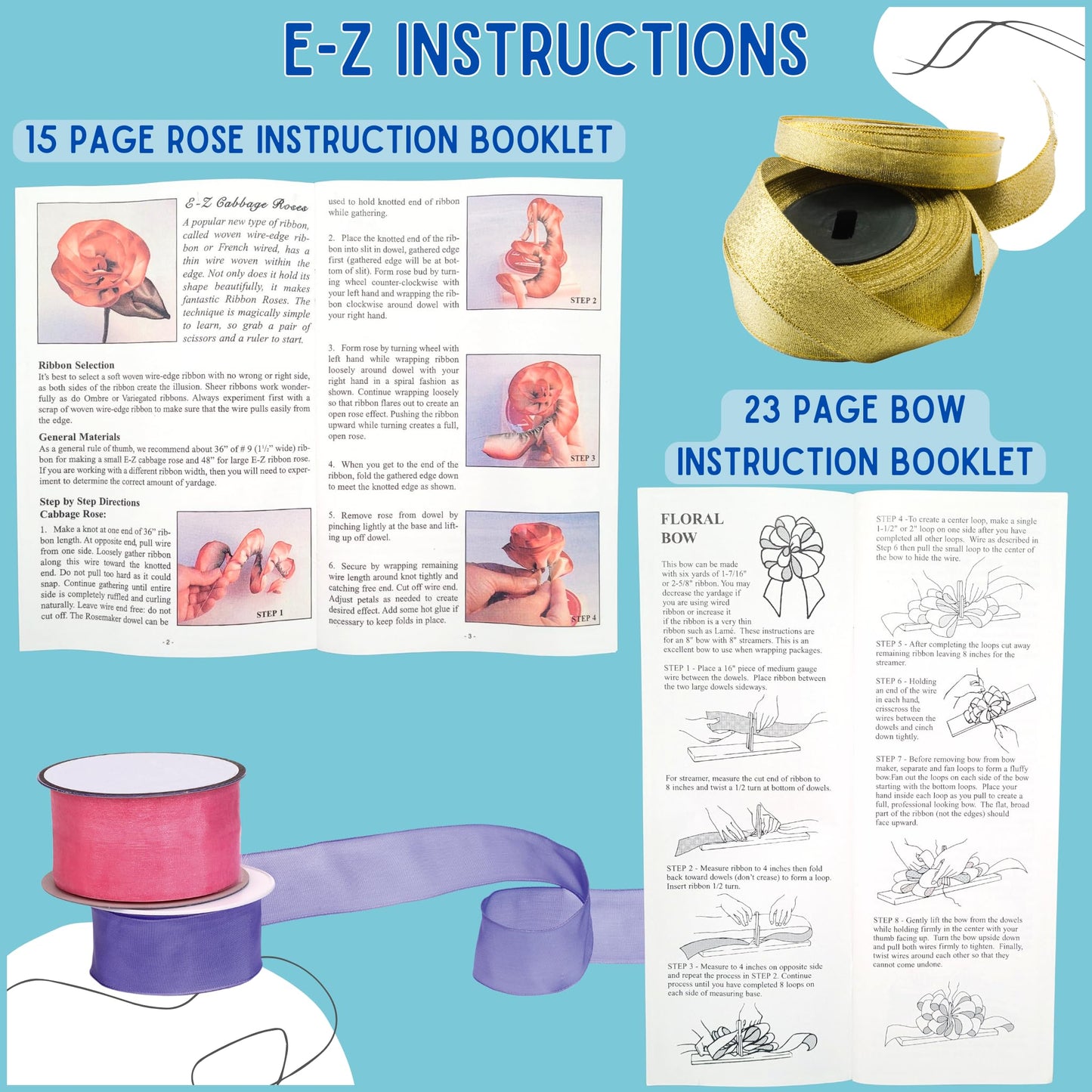 EZ Bow Maker with Rose and Flower Maker Attachment - Easy Bow and Flower Maker Tool Kit for Ribbon, Crafts, Wreaths, Gift Bows, Hair Bows, Flowers, Roses, Christmas Decor Bowmaking, Weddings