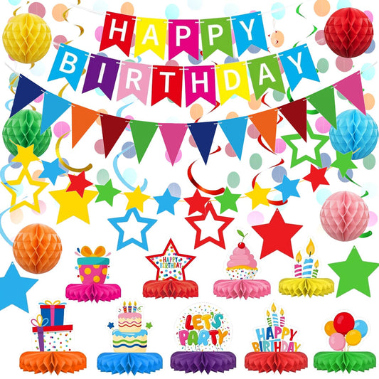 Colorful Happy Birthday Decorations Kit, Happy Birthday Banner Honeycomb Balls Centerpiece Metallic Hanging Swirls Circle Garland for Birthday Party Decorations