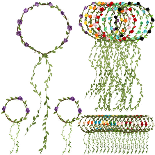 Rivvlive 24 Pcs Assorted Colored Flower Crown and Wrist Garlands Set Include 8 Wreath Headband Garlands Floral Headband 16 Floral Wristband for Wedding Festival Vacation Fairy Party Photography Prop