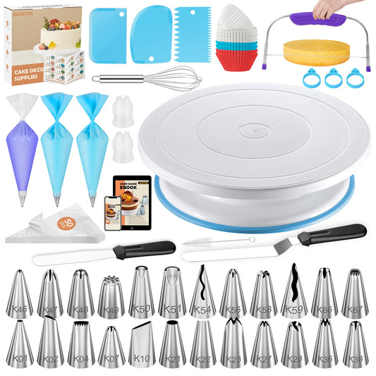 Kootek 140PCs Cake Decorating Kits, Baking Supplies Tools with Cake Stand Turntable, Piping Bags and Tips, Cake Leveler, Frosting Icing Spatulas & More Accessories for Cake Cupcake Decorations