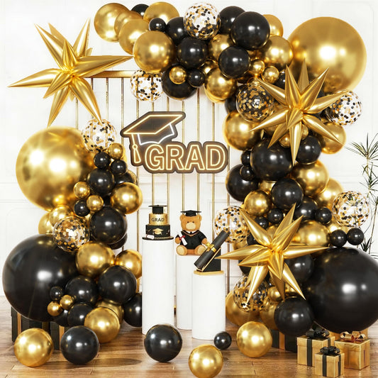KARLURE Black and Gold Balloons Arch Kit with Star Balloons for Graduation Decorations 2026 Class Prom Retirement Grad Party Decor Men Birthday Masquerade Anniversary Party Decorations