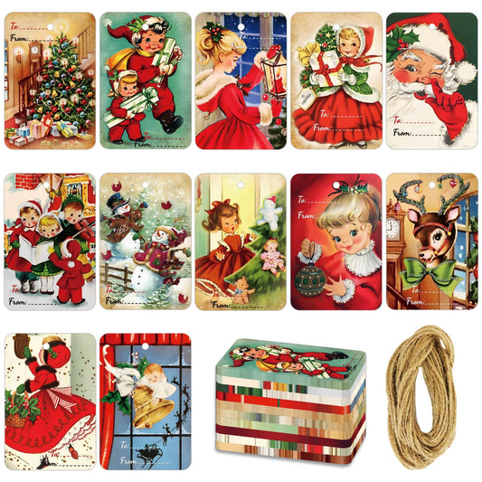 ZOIIWA 120 PCS Vintage Christmas Gift Tags with Hemp Rope Xmas Labels Merry Christmas Claus Name Tags for Christmas Festival Decorative Presents Labels Wrapping Party Favors Decorations