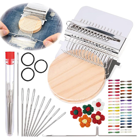 Soubeoii Knit Patch Loom Kit 2.0 – Mini Darning Loom for Beginners, Knitpatch Patchworker Kit with 14 Hooks, 36 Color Threads & 9 Needles for Jeans, Socks, Weave Tool Set for Quickly Sewing Repair