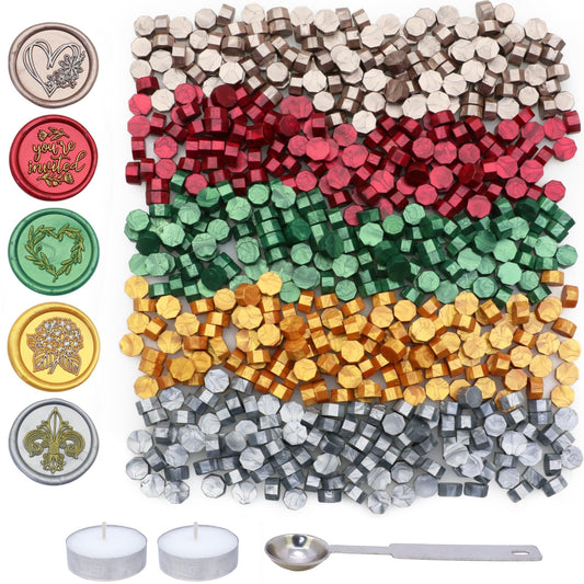SWANGSA 1000 Pcs Christmas Sealing Wax Beads Kit with 2 Tea Candles and 1 Spoon, Great for Christmas Cards, Wedding, Invitations, Envelopes, Gift, Wine Packages