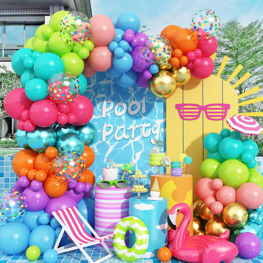 Multicolor Neon Balloon Arch Garland Kit, Assorted Color Blue Purple Orange Green Pink Green Gold Rainbow Balloon Garland, Colorful Balloon Arch Kit for Kids Carnival Summer Birthday Party Decorations